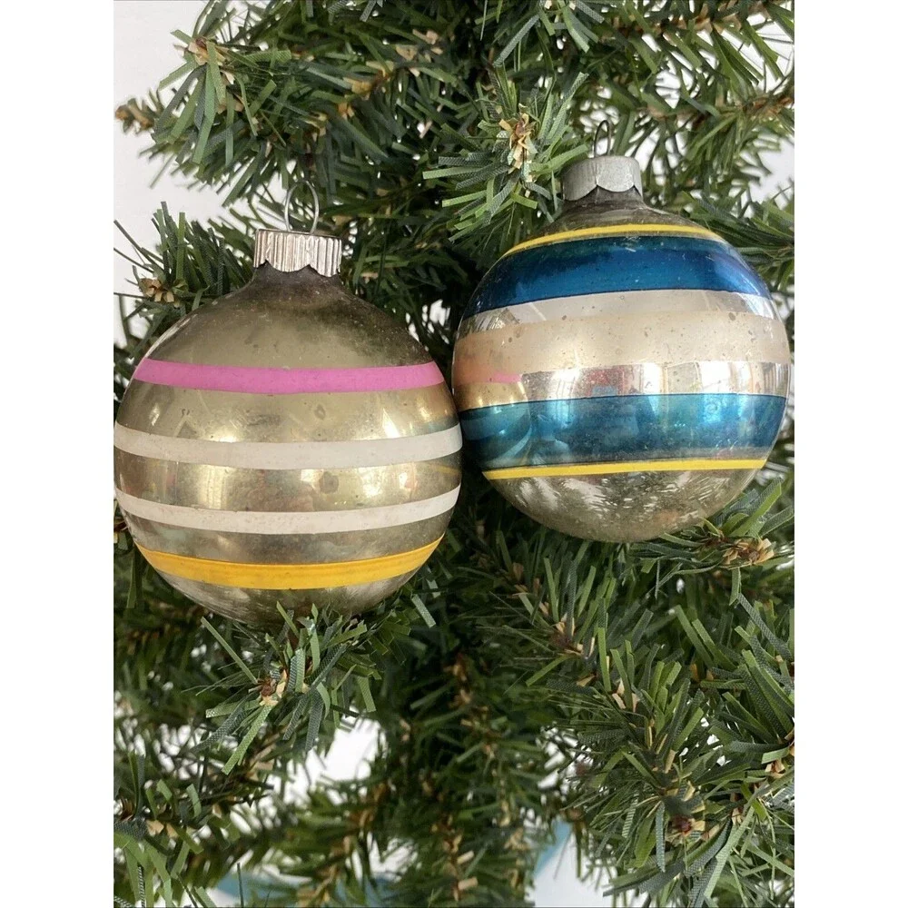 Vintage Christmas Glass Ball Ornament Striped Shiny Brite & Made USA Lot of 2